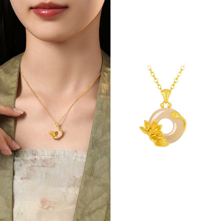 Collana con ciondolo a forma di fiori con fibbia della pace in argento sterling 925, Buddha Stones, calcedonio