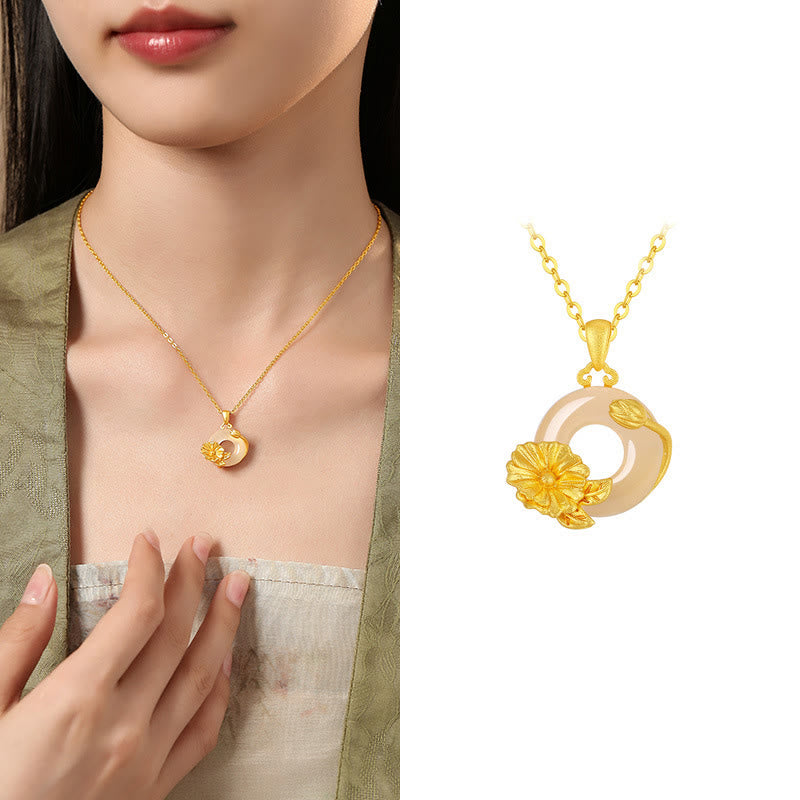 Collana con ciondolo a forma di fiori con fibbia della pace in argento sterling 925, Buddha Stones, calcedonio