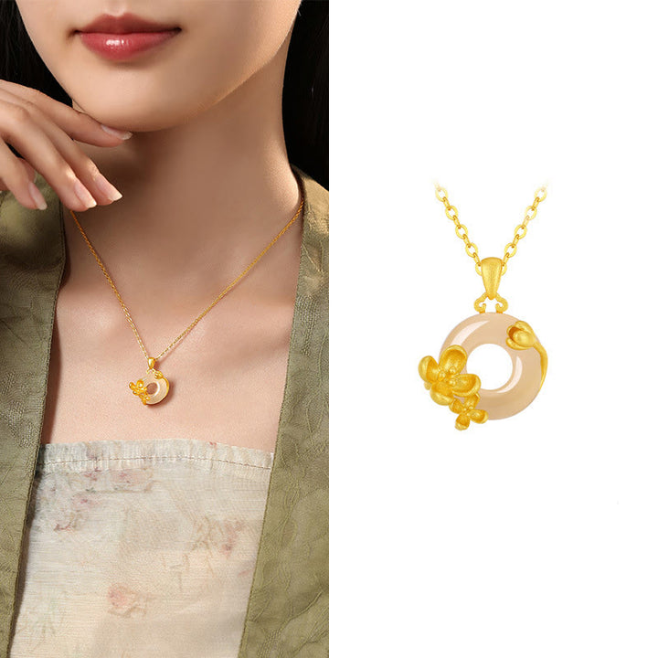 Collana con ciondolo a forma di fiori con fibbia della pace in argento sterling 925, Buddha Stones, calcedonio