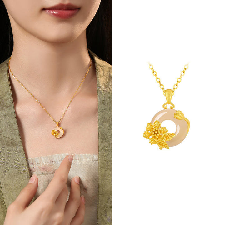 Collana con ciondolo a forma di fiori con fibbia della pace in argento sterling 925, Buddha Stones, calcedonio