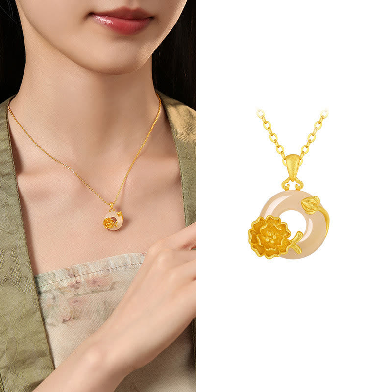 Collana con ciondolo a forma di fiori con fibbia della pace in argento sterling 925, Buddha Stones, calcedonio - Ibisco - Calcedonio dorato in argento sterling 925 - image 24