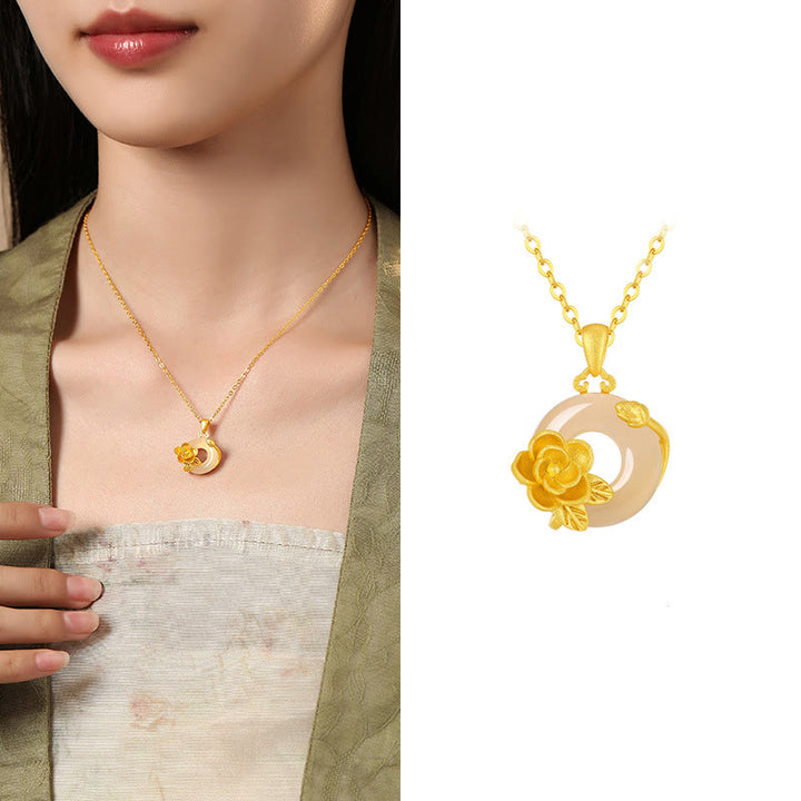 Collana con ciondolo a forma di fiori con fibbia della pace in argento sterling 925, Buddha Stones, calcedonio - Camelia - Calcedonio dorato in argento sterling 925 - image 26