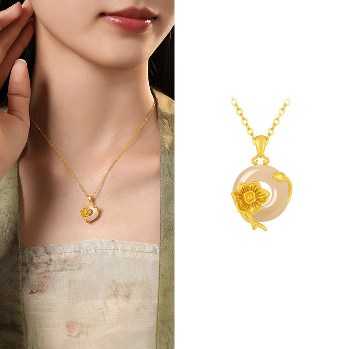 Collana con ciondolo a forma di fiori con fibbia della pace in argento sterling 925, Buddha Stones, calcedonio - Narciso - Calcedonio dorato in argento sterling 925 - image 28