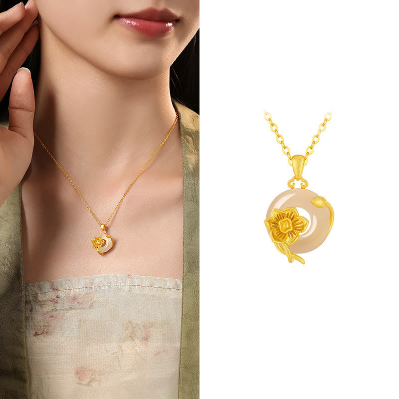 Collana con ciondolo a forma di fiori con fibbia della pace in argento sterling 925, Buddha Stones, calcedonio