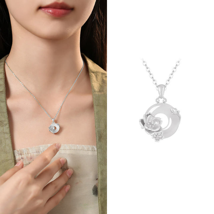 Collana con ciondolo a forma di fiori con fibbia della pace in argento sterling 925, Buddha Stones, calcedonio