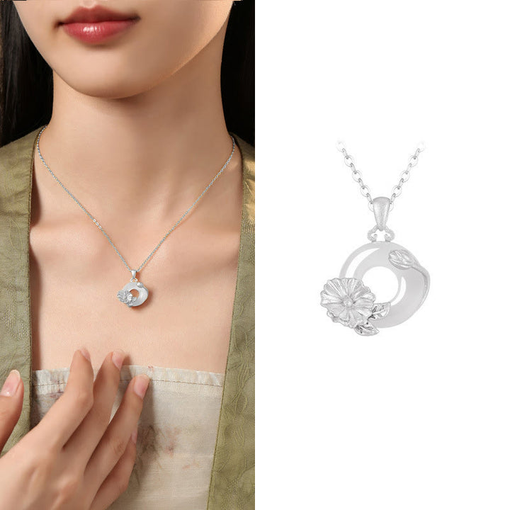 Collana con ciondolo a forma di fiori con fibbia della pace in argento sterling 925, Buddha Stones, calcedonio