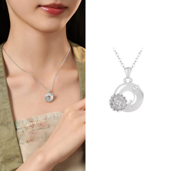 Collana con ciondolo a forma di fiori con fibbia della pace in argento sterling 925, Buddha Stones, calcedonio