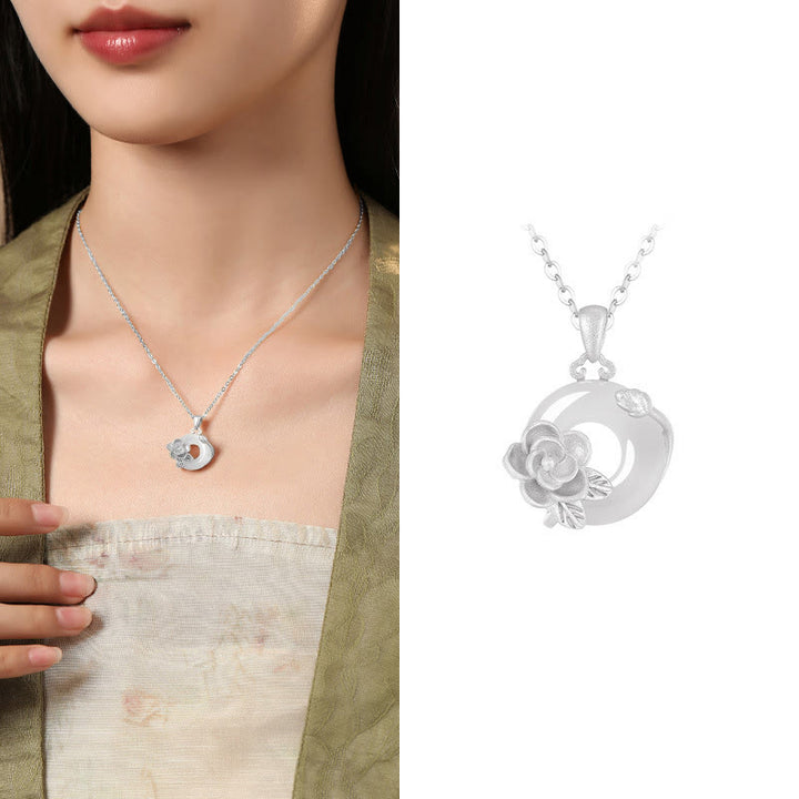 Collana con ciondolo a forma di fiori con fibbia della pace in argento sterling 925, Buddha Stones, calcedonio