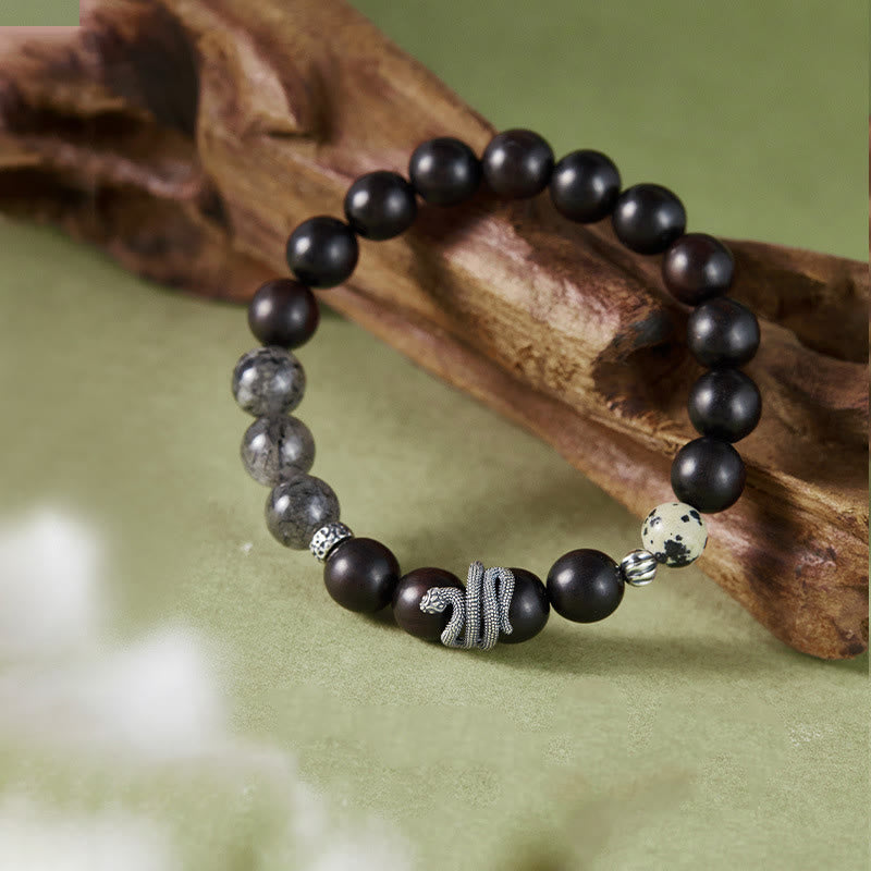 Braccialetto Buddha Stones in legno di ebano, quarzo rutilato nero, argento sterling 925, anno del serpente