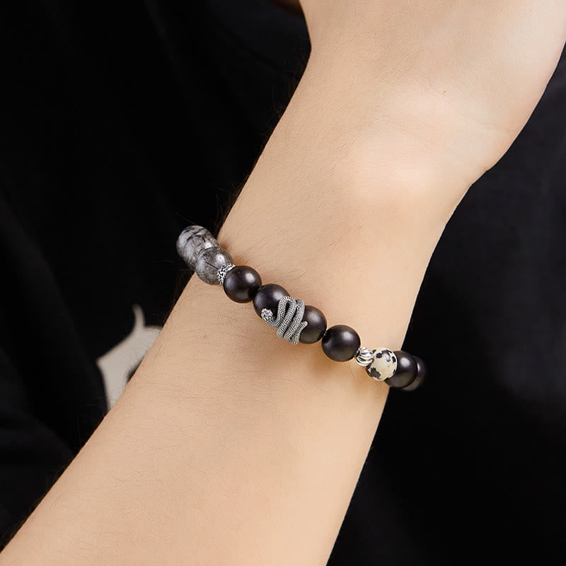 Braccialetto Buddha Stones in legno di ebano, quarzo rutilato nero, argento sterling 925, anno del serpente