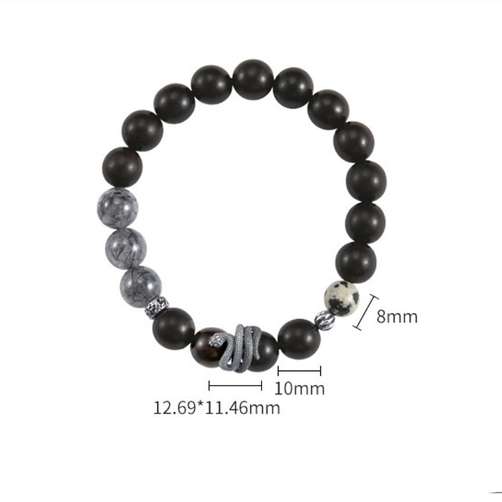 Braccialetto Buddha Stones in legno di ebano, quarzo rutilato nero, argento sterling 925, anno del serpente