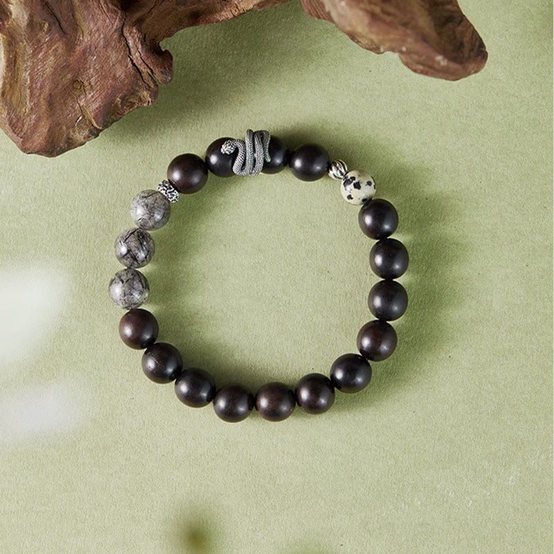 Braccialetto Buddha Stones in legno di ebano, quarzo rutilato nero, argento sterling 925, anno del serpente