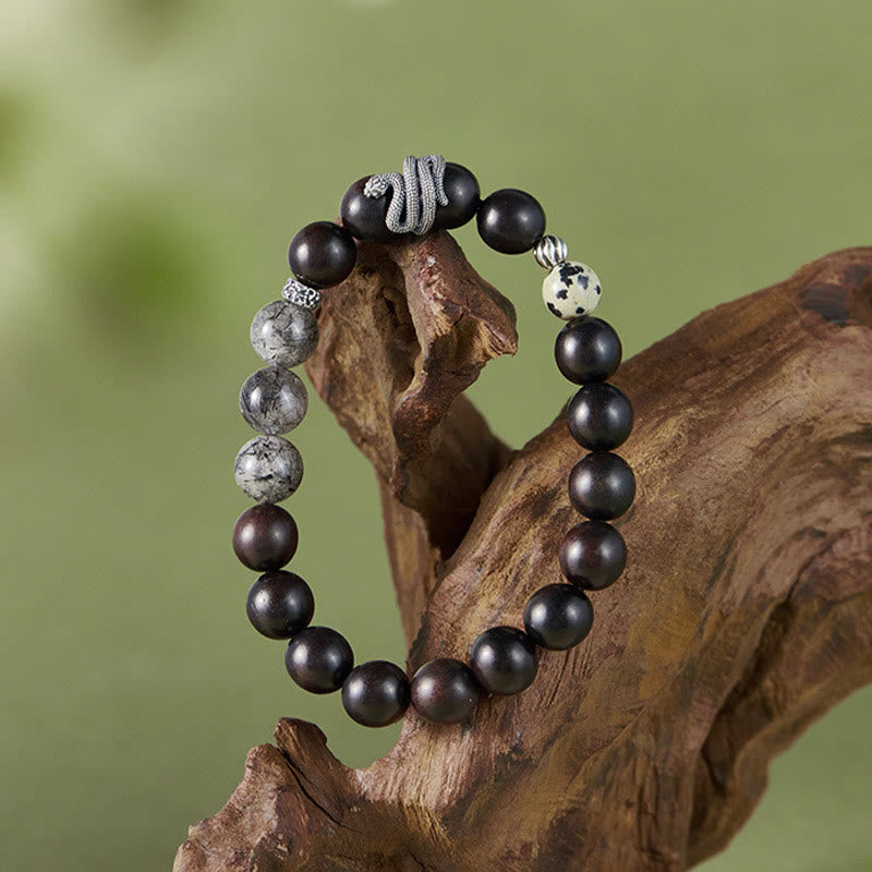 Braccialetto Buddha Stones in legno di ebano, quarzo rutilato nero, argento sterling 925, anno del serpente