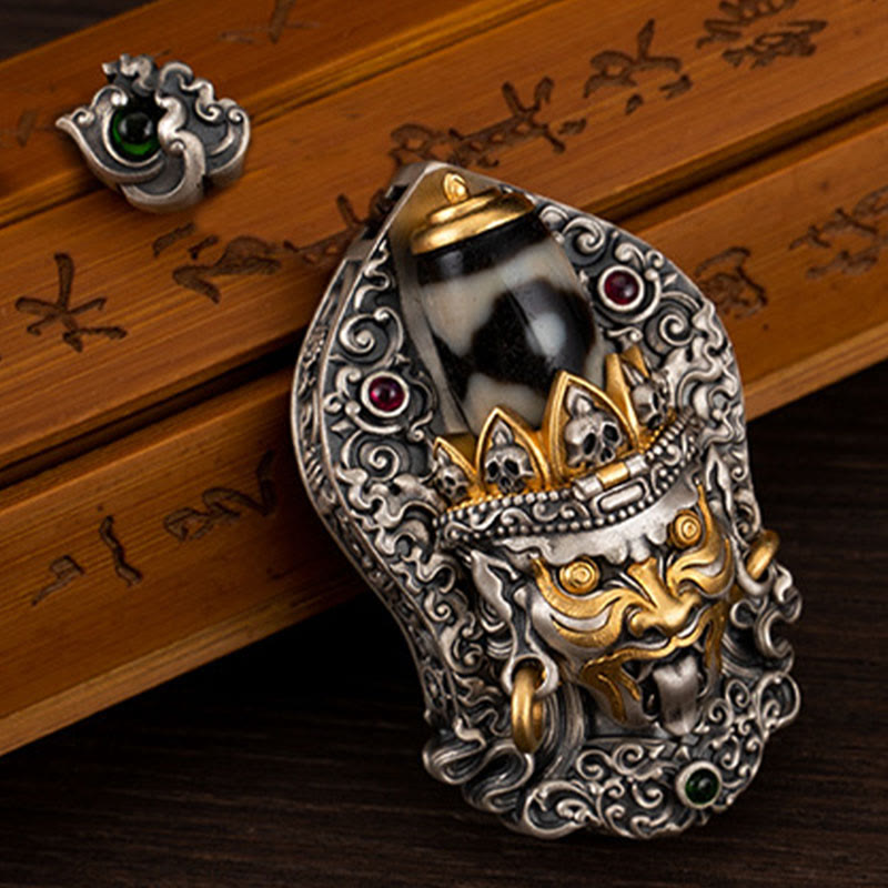 Collana con ciondolo di protezione in argento sterling 925 Buddha Stones perline Dzi tibetane Zakiram della dea della ricchezza
