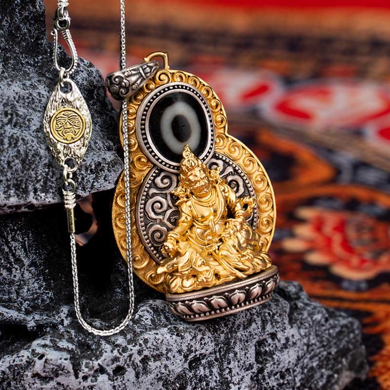 Buddha Stones Argento Sterling 925 Tibet Giallo Jambhala Dio della Ricchezza Dzi Bead Om Mani Padme Hum Felicità Collana Pendente - Catena di rame Jambhala gialla e Zakiram da 50 cm - image 15