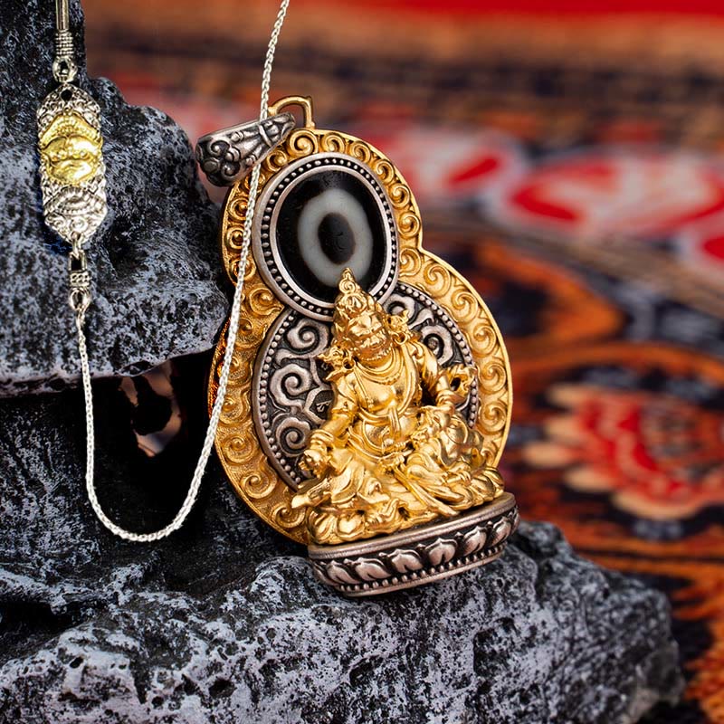 Buddha Stones Argento Sterling 925 Tibet Giallo Jambhala Dio della Ricchezza Dzi Bead Om Mani Padme Hum Felicità Collana Pendente