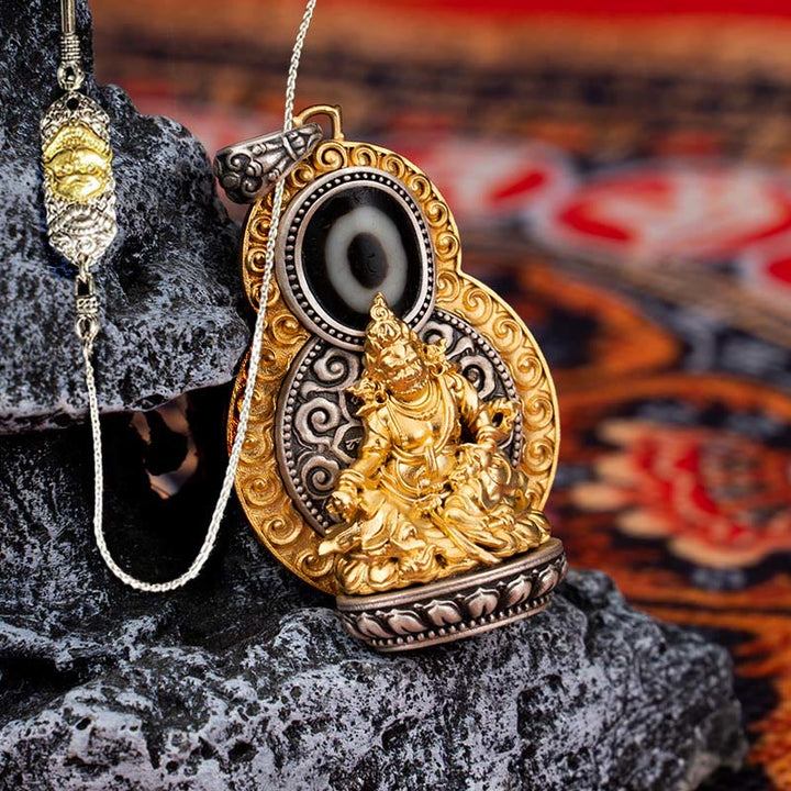 Buddha Stones Argento Sterling 925 Tibet Giallo Jambhala Dio della Ricchezza Dzi Bead Om Mani Padme Hum Felicità Collana Pendente
