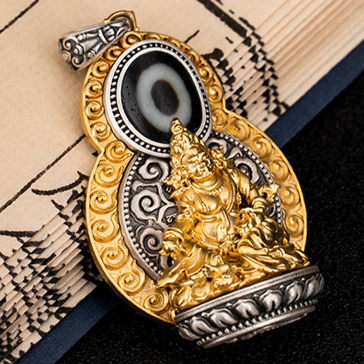 Buddha Stones Argento Sterling 925 Tibet Giallo Jambhala Dio della Ricchezza Dzi Bead Om Mani Padme Hum Felicità Collana Pendente