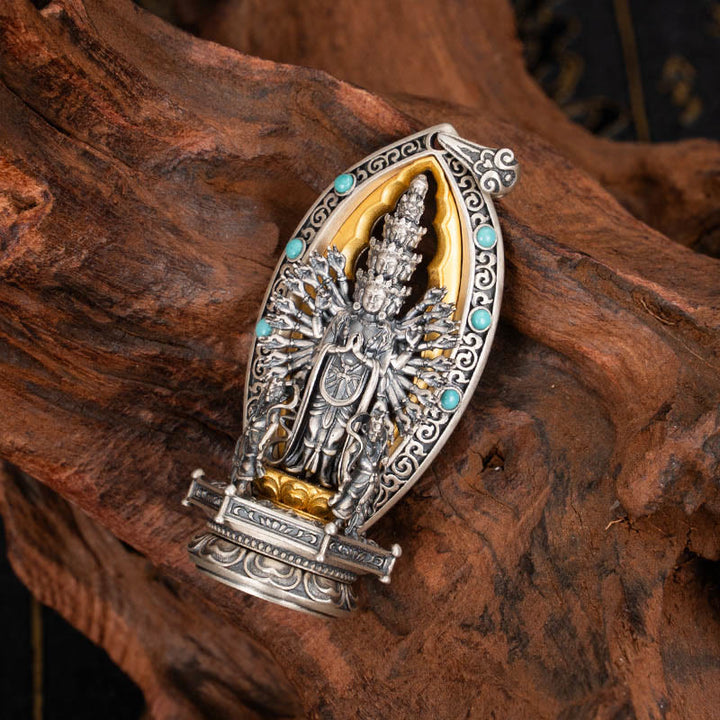 Collana con ciondolo della ricchezza Buddha Stones in argento sterling 925 con Guanyin dalle mille braccia, Kwan Yin, Avalokiteśvara - Avalokiteśvara (solo ciondolo) - image 1