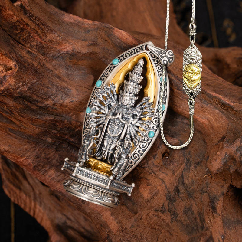 Collana con ciondolo della ricchezza Buddha Stones in argento sterling 925 con Guanyin dalle mille braccia, Kwan Yin, Avalokiteśvara - Avalokiteśvara&52cm Il Signore della Foresta dei Cadaveri Catena di Rame - image 20
