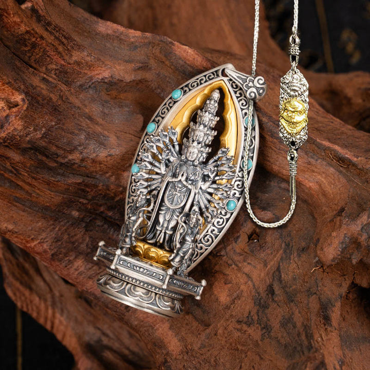 Collana con ciondolo della ricchezza Buddha Stones in argento sterling 925 con Guanyin dalle mille braccia, Kwan Yin, Avalokiteśvara - Avalokiteśvara&52cm Il Signore della Foresta dei Cadaveri Catena di Rame - image 20