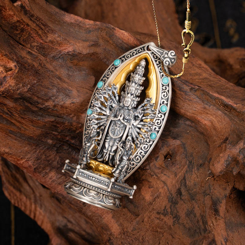 Collana con ciondolo della ricchezza Buddha Stones in argento sterling 925 con Guanyin dalle mille braccia, Kwan Yin, Avalokiteśvara - Avalokiteśvara&58cm Catena in rame dorato - image 14