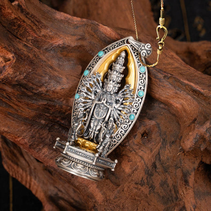 Collana con ciondolo della ricchezza Buddha Stones in argento sterling 925 con Guanyin dalle mille braccia, Kwan Yin, Avalokiteśvara - Avalokiteśvara&58cm Catena in rame dorato - image 14