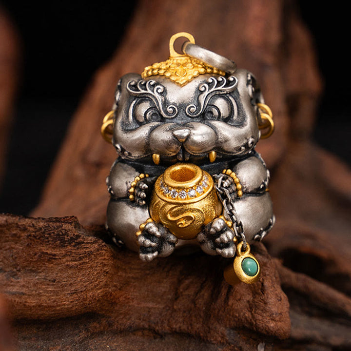 Collana con ciondolo in argento sterling 925 con protezione per topi sputa-tesoro tibetana Buddha Stones