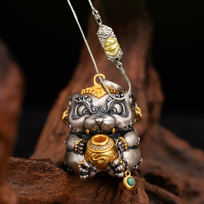 Collana con ciondolo in argento sterling 925 con protezione per topi sputa-tesoro tibetana Buddha Stones