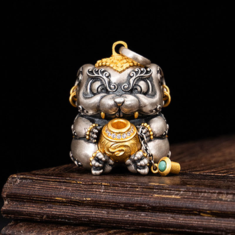 Collana con ciondolo in argento sterling 925 con protezione per topi sputa-tesoro tibetana Buddha Stones