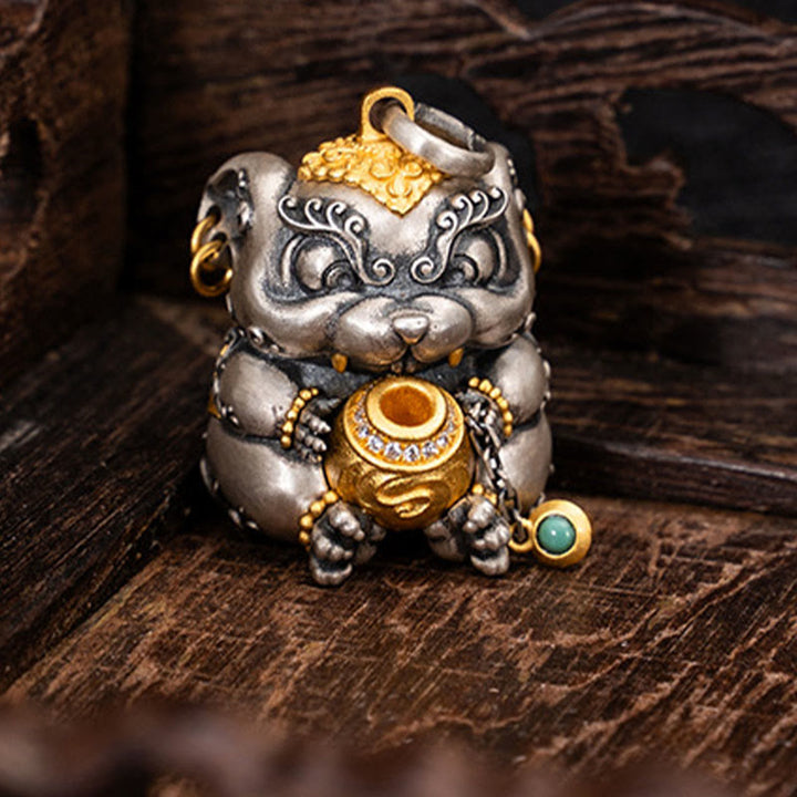 Collana con ciondolo in argento sterling 925 con protezione per topi sputa-tesoro tibetana Buddha Stones