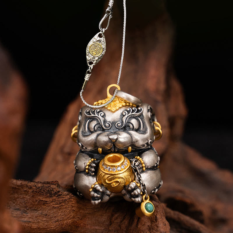 Collana con ciondolo in argento sterling 925 con protezione per topi sputa-tesoro tibetana Buddha Stones