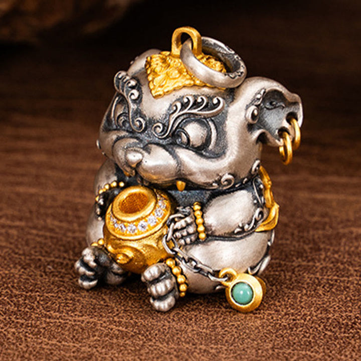 Collana con ciondolo in argento sterling 925 con protezione per topi sputa-tesoro tibetana Buddha Stones