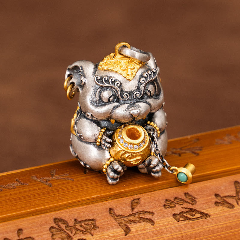 Collana con ciondolo in argento sterling 925 con protezione per topi sputa-tesoro tibetana Buddha Stones