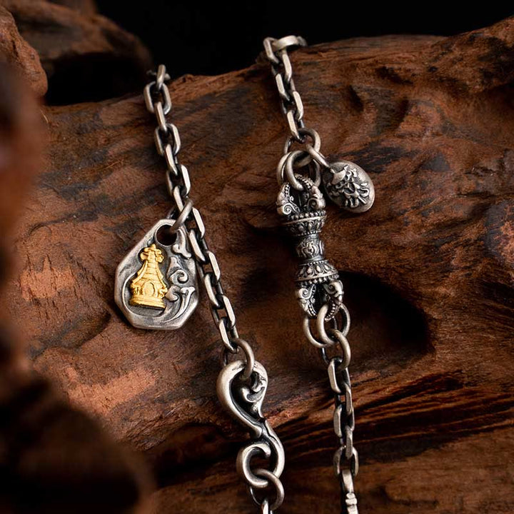 Collana con catena in metallo con benedizione Vajra Dorje , in Buddha Stones 925, tibetano, bianco Zakiram, dea della ricchezza