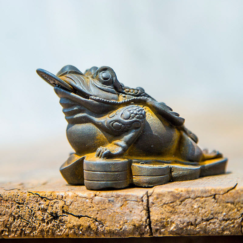 Buddha Stones fatte a mano Feng Shui Rana Rospo Monete di rame Polvere di ferro Ruggine Statua in resina Decorazione per la casa