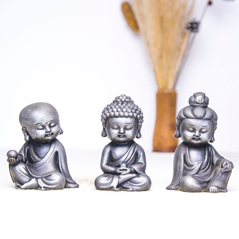 Buddha Stones Fatte a mano Ksitigarbha Kwan Yin Guanyin Avalokitesvara Tathagata Polvere di ferro Ruggine Statua in resina colata Decorazione della casa - Versione lucidata - Set di 3 Buddha - image 33