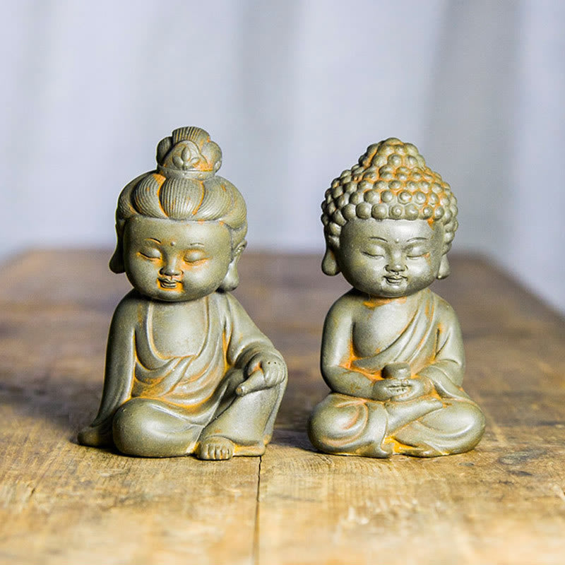 Buddha Stones Fatte a mano Ksitigarbha Kwan Yin Guanyin Avalokitesvara Tathagata Polvere di ferro Ruggine Statua in resina colata Decorazione della casa
