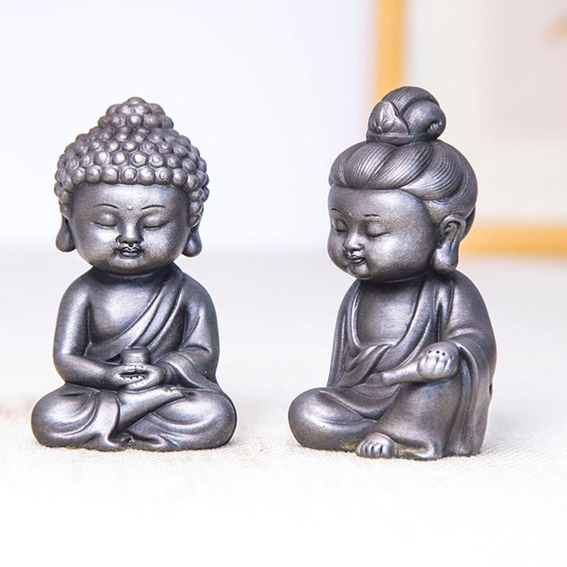 Buddha Stones Fatte a mano Ksitigarbha Kwan Yin Guanyin Avalokitesvara Tathagata Polvere di ferro Ruggine Statua in resina colata Decorazione della casa