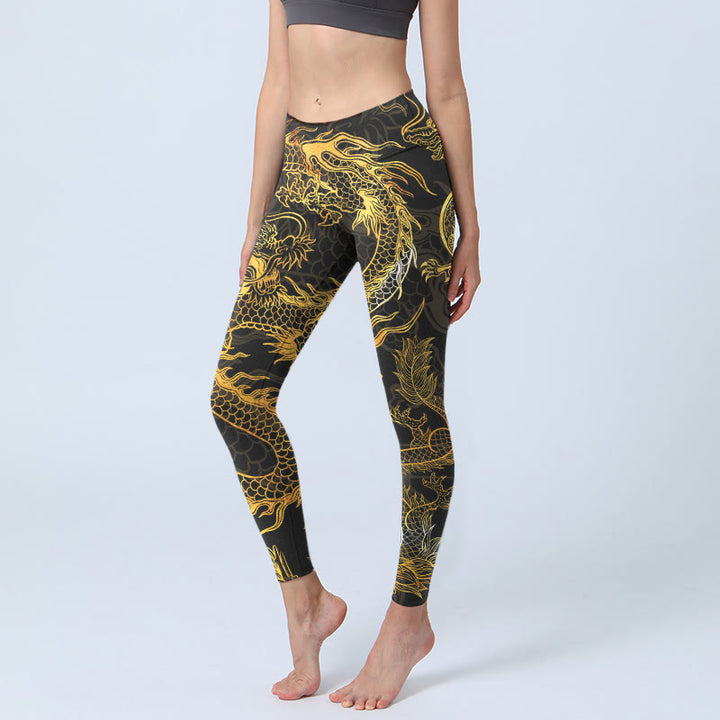 Leggings da palestra con stampa drago dorato Buddha Stones da donna, pantaloni da yoga - Nero - US18, UK/AU22, EU50 (4XL) - image 1