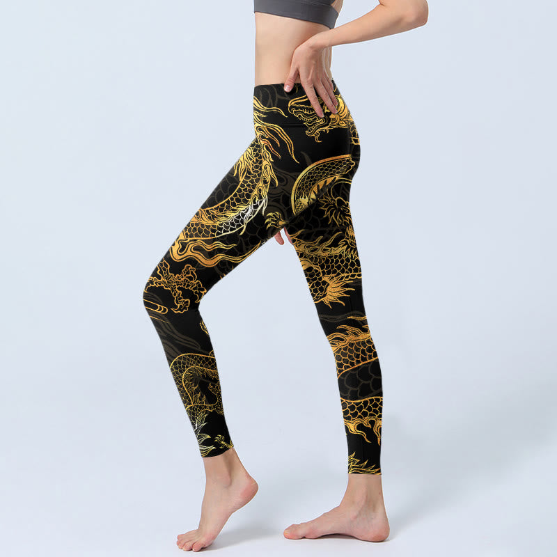 Leggings da palestra con stampa drago dorato Buddha Stones da donna, pantaloni da yoga - image 2