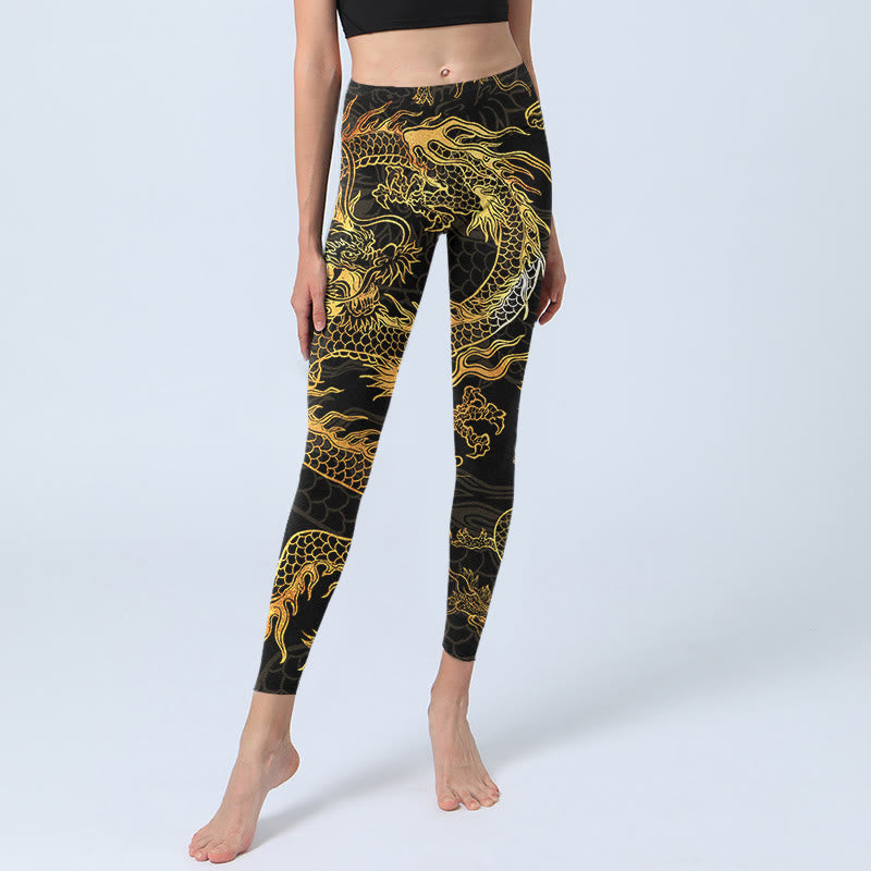 Leggings da palestra con stampa drago dorato Buddha Stones da donna, pantaloni da yoga - image 5