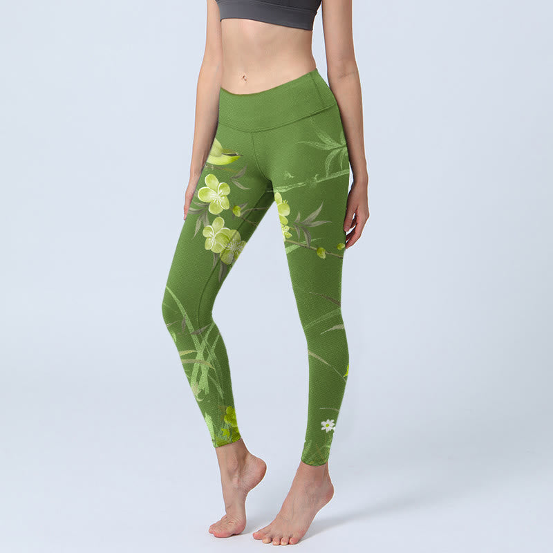 Leggings da palestra con stampa Buddha Stones Magpie Flowers Branches Pantaloni da yoga da donna - Verde lime - US18, UK/AU22, EU50 (4XL) - image 1