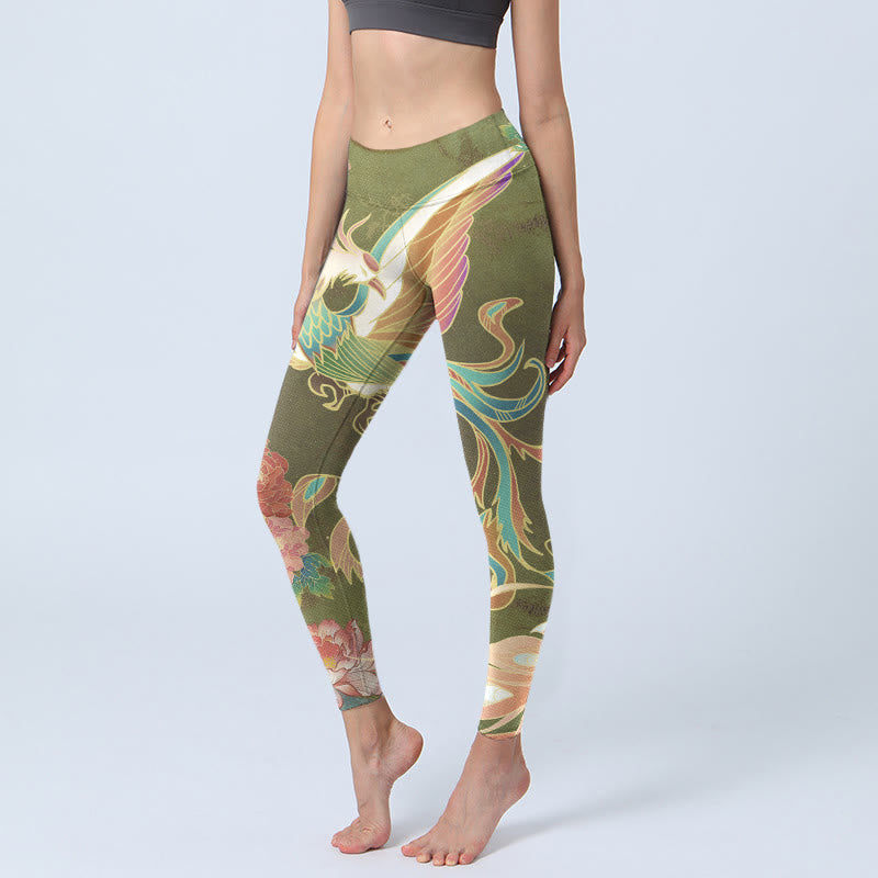 Leggings da palestra con stampa di fiori di fenice vibranti Buddha Stones, pantaloni da yoga da donna - Verde oliva - US18, UK/AU22, EU50 (4XL) - image 1