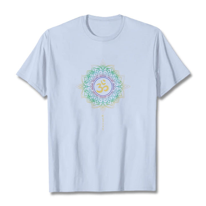 Maglietta in cotone con motivo Buddha Stones OM, giallo e verde sfumato, motivo Lotus - Ciano chiaro - 2XL - image 8