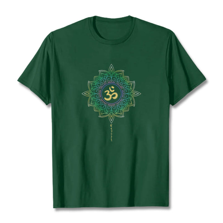 Maglietta in cotone con motivo Buddha Stones OM, giallo e verde sfumato, motivo Lotus - Verde foresta - 2XL - image 1