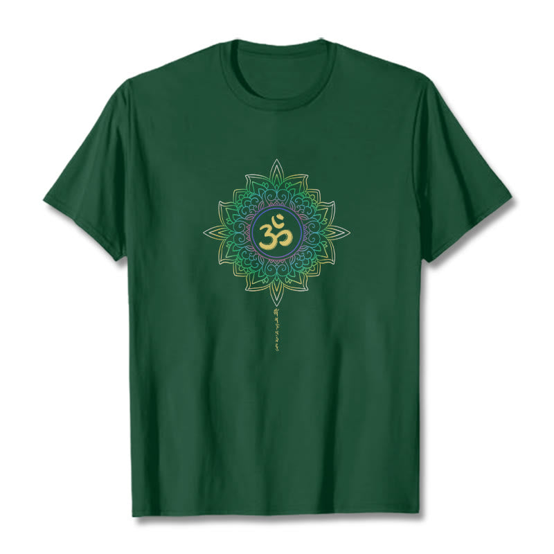 Maglietta in cotone con motivo Buddha Stones OM, giallo e verde sfumato, motivo Lotus - Verde studentesco - 2XL - image 0