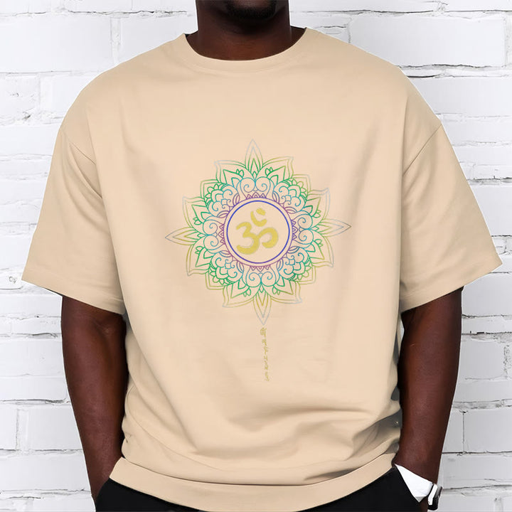 Maglietta in cotone con motivo Buddha Stones OM, giallo e verde sfumato, motivo Lotus - image 9