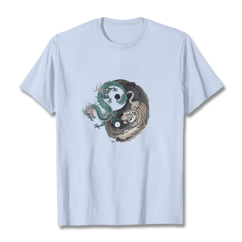 Maglietta in cotone con Buddha Stones, tigre, drago, Yin e Yang - Ciano chiaro - 2XL - image 8