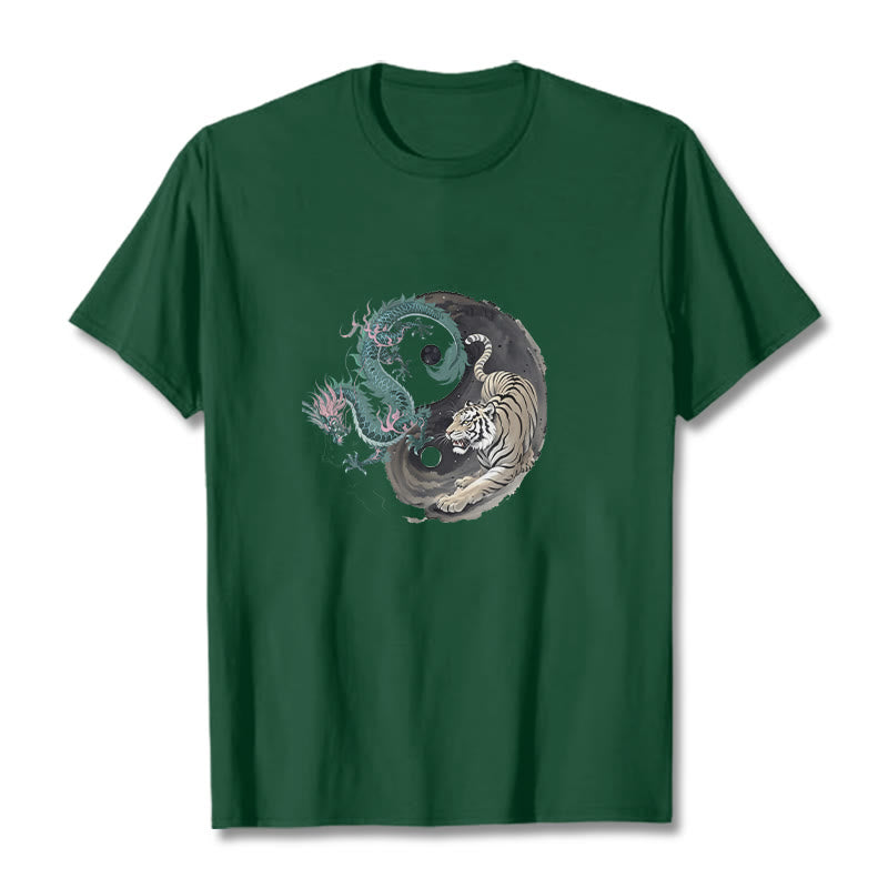 Maglietta in cotone con Buddha Stones, tigre, drago, Yin e Yang - Verde studentesco - 2XL - image 1